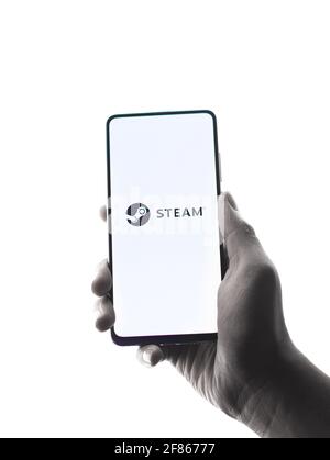 Assam, india - April 10, 2021 : Steam logo on phone screen stock image. Stock Photo