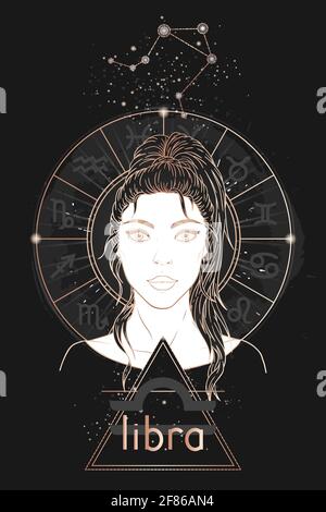 Gold astrology card. Zodiac sign Libra, constellation and beautiful woman portrait on a dark background with horoscope circle. Vector image in gold an Stock Vector