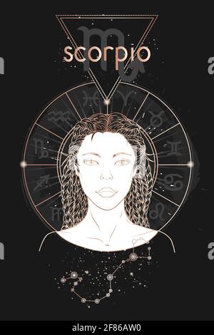 Gold astrology card. Zodiac sign Scorpio, constellation and beautiful woman portrait on a dark background with horoscope circle. Vector image in gold Stock Vector
