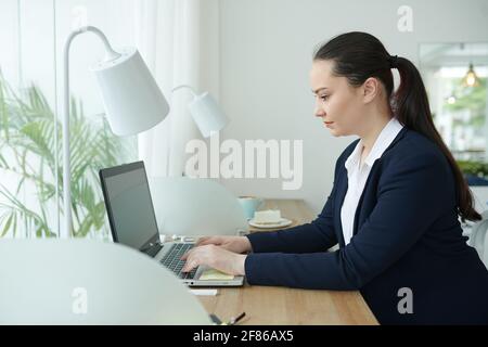 Pretty young businesswoman working on laptop at desk in her home office Stock Photo