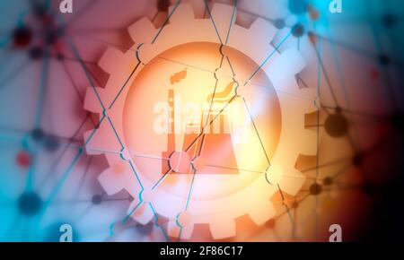 Brochure or web banner design template. Connected lines with dots. Technology, industry and science background. Atom station icon in gear. Shallow dep Stock Photo