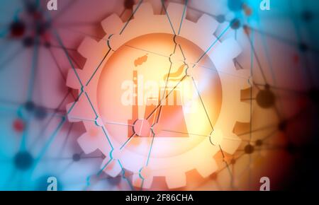 Brochure or web banner design template. Connected lines with dots. Technology, industry and science background. Atom station icon in gear. Shallow dep Stock Photo
