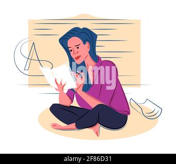 Vector girl reading a book in shadow of sharp lines style Stock Vector