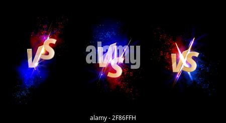 Versus VS gold signs with glow and sparks separated on blue and red sides. Sport confrontation symbols on black background. Martial arts combat, fight, competition challenge, Realistic 3d vector set Stock Vector