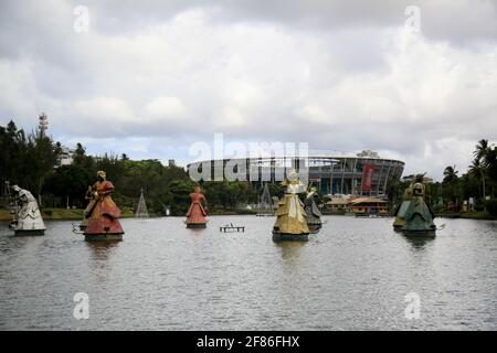 salvador, bahia, brazil - december 4, 2020: sculpture of orxias, sacred entity in the candoble region, are seen in the waters of Dique de Tororo, in t Stock Photo