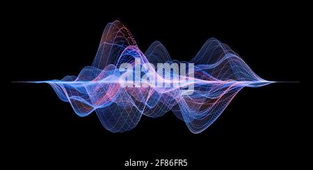 Audio waves or sound waves, visualization as grid or blue wireframe mesh structure, abstract conceptual background for acoustic science or research Stock Photo