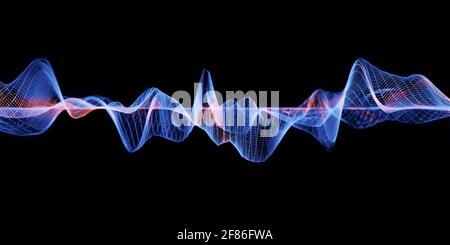 Audio waves or sound waves, visualization as grid or blue wireframe mesh structure, abstract conceptual background for acoustic science or research Stock Photo