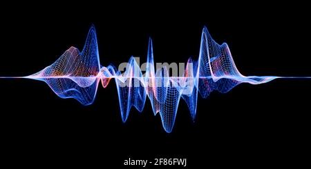 Audio waves or sound waves, visualization as grid or blue wireframe mesh structure, abstract conceptual background for acoustic science or research Stock Photo