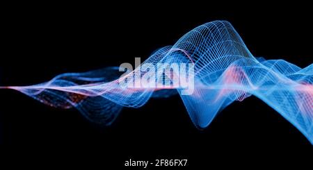 Audio waves or sound waves, visualization as grid or blue wireframe mesh structure, abstract conceptual background for acoustic science or research Stock Photo