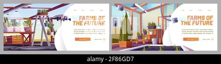 Farms of future websites. Concept of smart farming, cultivation technologies and innovations. Vector banners with cartoon illustration of glass greenhouse with plants, irrigation and monitoring system Stock Vector