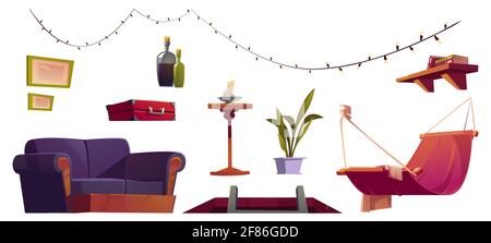 Set of attic furniture and stuff hatch with ladder, hammock, light garland and sofa, decorative pictures, old suitcase and potted plant, shelf with books and candle on stand, Cartoon vector icons Stock Vector