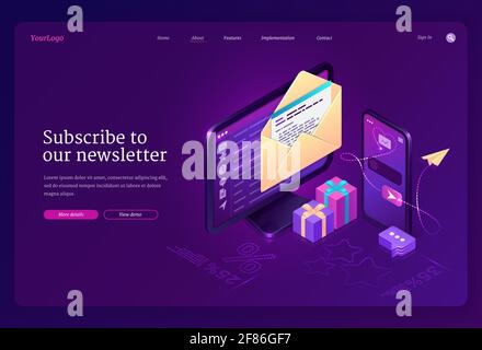 Subscribe to our newsletter banner. Email news subscription, electronic messages with gift and sale. Vector landing page with isometric letter envelope on computer screen and smartphone Stock Vector