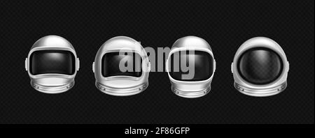 Astronaut helmets, cosmonaut mask with clear glass for space exploration and flight in cosmos. Vector realistic set of white suit part for protection spaceman head isolated on transparent background Stock Vector