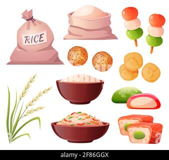 Rice in bag and bowl, flour in sack, grain ear and traditional japanese food. Vector cartoon set with sushi, rice noodle, chips, dango, griddle cakes and mochi isolated on white background Stock Vector