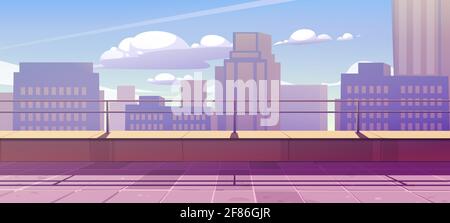 Terrace on rooftop with city view. Empty patio on roof or balcony with railing on background of cityscape with modern buildings and skyscrapers. Vector cartoon illustration of house terrace in town Stock Vector