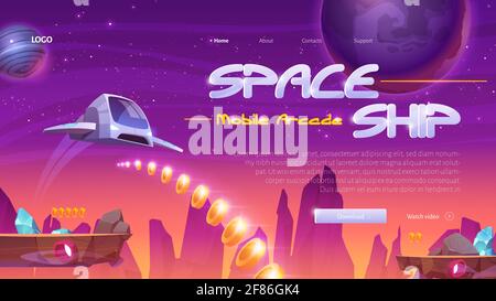 Spaceship mobile game website with rocket on universe background. 2d arcade videogame for play on phone. Vector landing page with cartoon space ship, galaxy, planets, platforms and golden coins Stock Vector