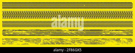 Black car tire tracks, rubber wheel print on road or dirt. Grunge trace from truck, motorcycle or vehicle tires. Vector graphic set of tread marks isolated on yellow background Stock Vector