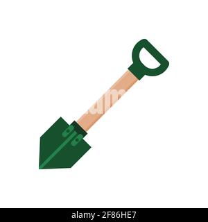 Small green spade or shovel with wooden handle. Gardening, camping or outdoor tool. Digging dirt equipment. Survival in nature gear. Portable trowel Stock Vector