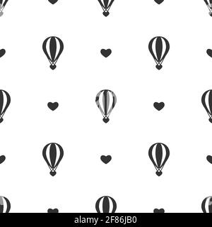 black hot air baloons with hearts on white background. Flat cartoon vector ornament. Romantic, love background. Seamless pattern. Good for print, pape Stock Vector