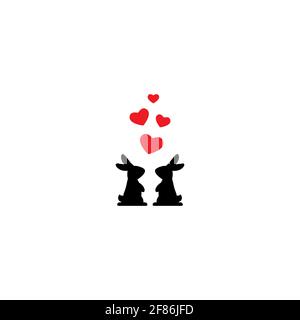 two black cute bunnies with hearts. Love, romantic, amour icon. rabbits couple. vector illustration isolated on white. St. Valentine card Stock Vector