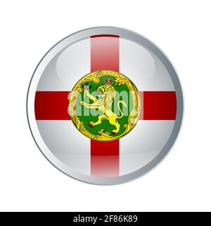 Shiny and glossy button with High detailed flag of Alderney. Round or circle button. Flat and solid color vector illustration. Stock Vector