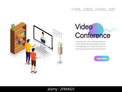 Video conference landing. People on computer screen taking with colleague. Videoconferencing and online meeting workspace vector page Stock Vector