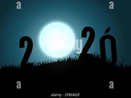 Silhouette of numbers 2020 mountains with moon. illustrator vector. Stock Vector