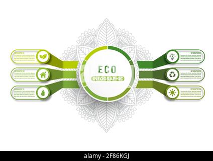 Vector infographic template with 3D paper label, Modern green ecology design layout infographics 6 options. Template for brochure. Stock Vector