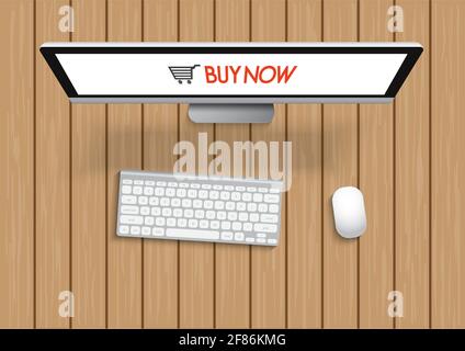 Shopping with computer and screen buy now on wooden table. Concept online shopping. illustrator vector. Stock Vector