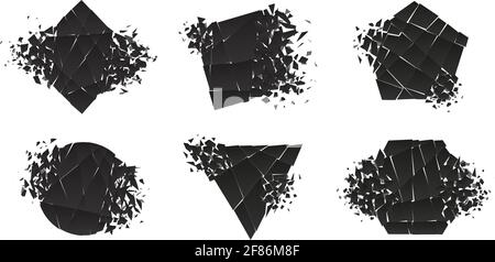 Shape shattered and explodes flat style design vector illustration set isolated on white background. Triangle, hexagon, square, pentagon and rhombus s Stock Vector