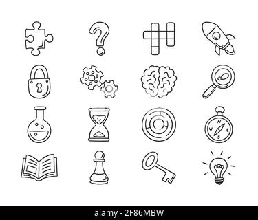 Puzzle and riddles. Set of isolated hand drawn objects. Crossword puzzle, Maze, Brain, Chess piece, Light bulb. Stock Vector