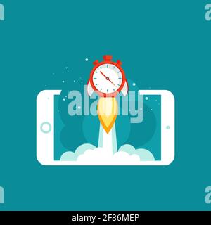 smartphone with red stopwatch rocket ship and cosmos on the screen. Fast time stop watch, limited offer, deadline symbol. Vector illustration on blue. Stock Vector