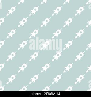 Seamless pattern with rocket ship silhouettes on turquoise background. Flat ornament. Vector illustration with flying rocket. Space travel. Project st Stock Vector
