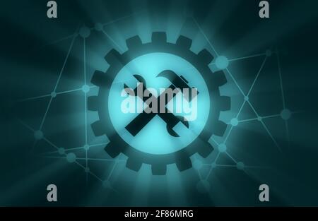 Molecule And Communication Background. Modern  brochure or report design template. Wrench icon in gear. Connected lines with dots. Medical, technology Stock Photo