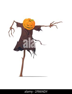 Cartoon character of a scarecrow pumpkin wears a ripped coat it is isolated on a white background. Stock Vector