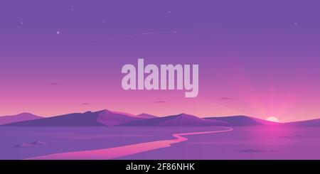 The evening landscape of the plain has mountains on the horizon, the sun behind the mountains with wide rays, the river, and a small plane in the sky. Stock Vector