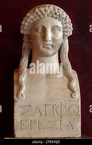 5872. Marble head of Greek poetess Sappho, born 630 BC on the Greek island of Lesbos. Stock Photo