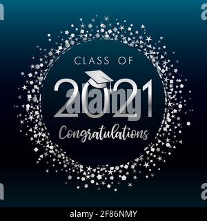 Class of 2021 graduates, silver glitter confetti on dark blue label  background. Vector illustration congratulation graduation 2021 in academic hat Stock Vector