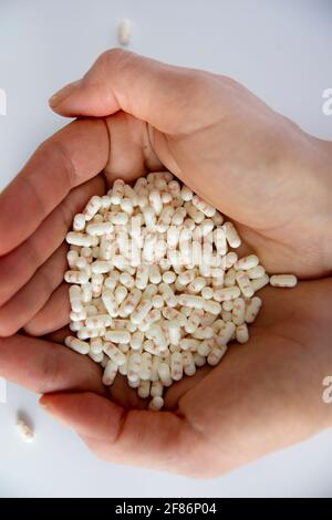 Selective Focus Pills. a handful of medicine capsules. food of the future. top view Stock Photo