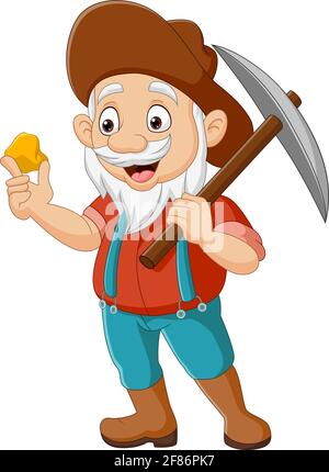 Cartoon prospector holding gold nugget and pickaxe Stock Vector