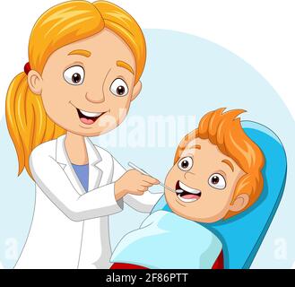 Cartoon doctor dentist checking boy teeth Stock Vector