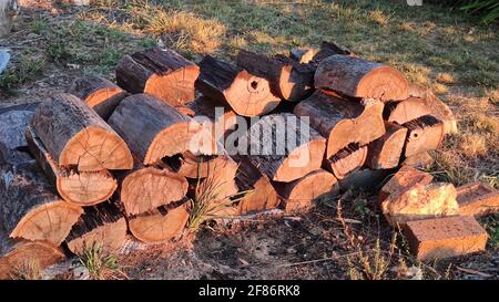 pile of wood that has been weathered over time, chopped ready to be burned. Mullion Creek NSW , Australia. Stock Photo