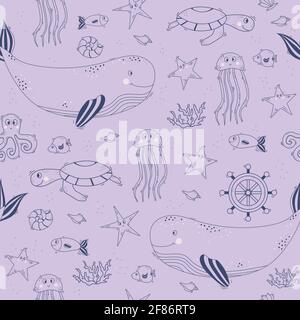 Seamless patterns with marine life. Cute marine animals - whale and jellyfish, turtle and octopus, starfish and fish, shells and corals on a lilac bac Stock Vector