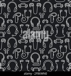 Illustration of the black and white earphones seamless pattern Stock Vector