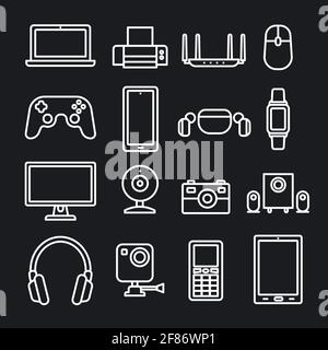 Thin black and white outline icons set. Icons for technology, digital devices and gadgets. Stock Vector