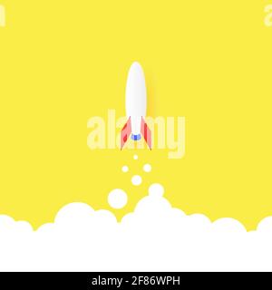 The concept of a successful start. Startup launch, big idea and creativity. A rocket on a yellow background takes off above the clouds. Vector illustr Stock Vector