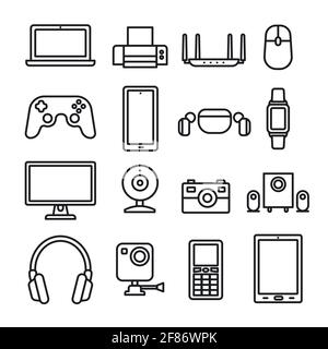 Thin line icons set. Icons for technology, digital devices and gadgets. Stock Vector