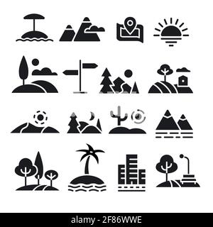 illustration of landscapes and nature icons and signs set Stock Vector