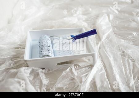 White square plastic container with paint and roller on the floor of living-room or other room of new house or flat during home renovation Stock Photo