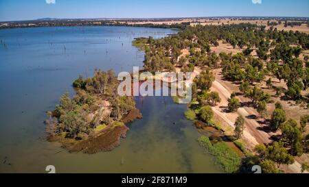 Aerial view of Lake Mulwala with the town in the background Stock Photo